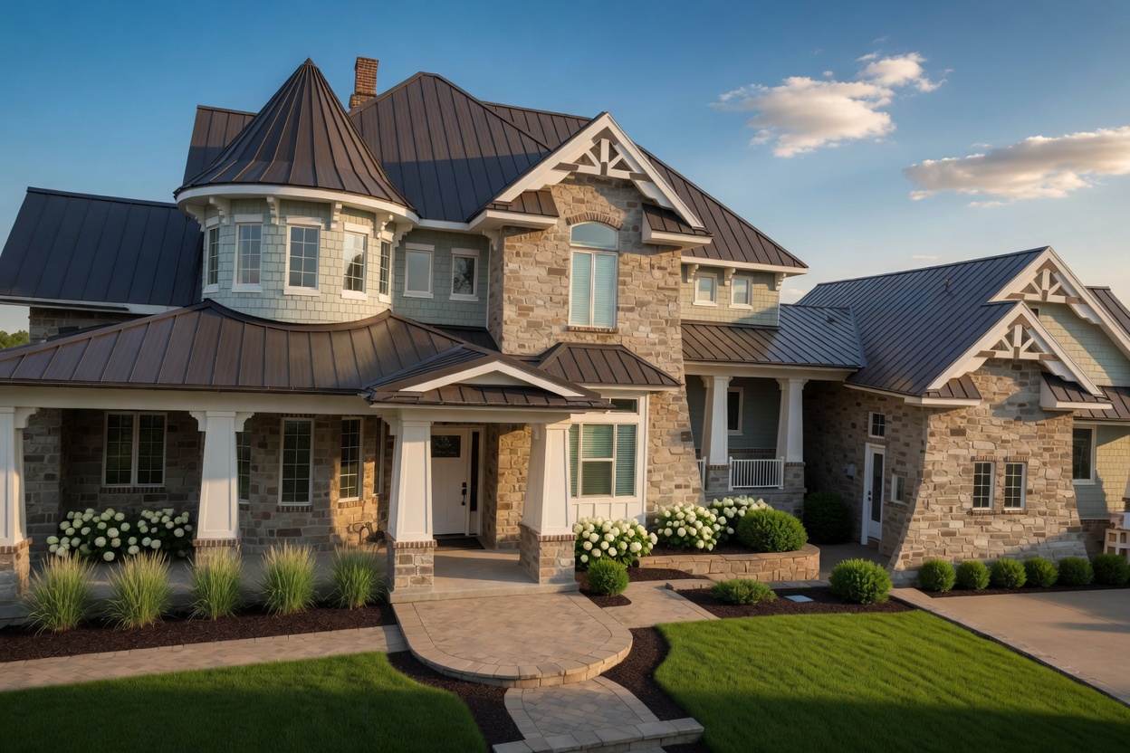 Custom-fabricated standing-seam metal roof and trim on a premium stone home